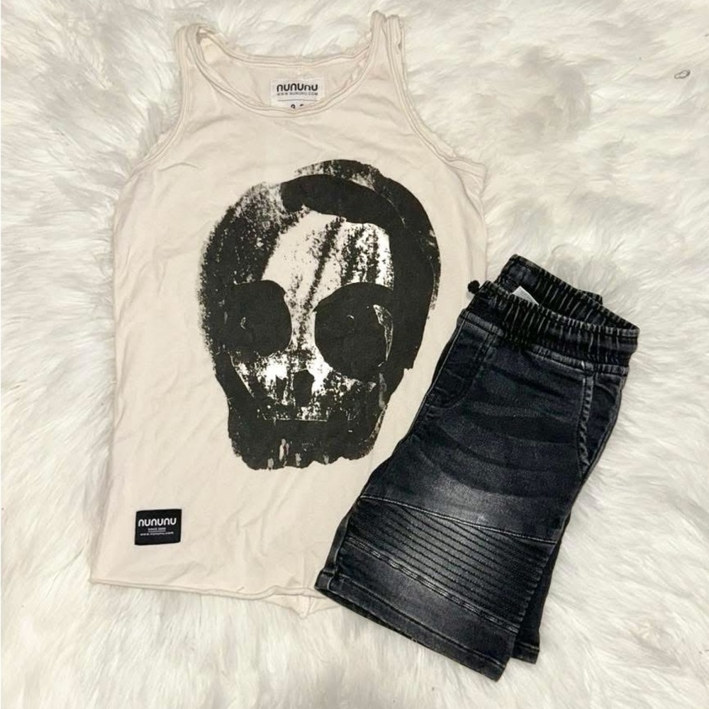 NUNUNU White Graphic Tank Top and Black Denim Shorts 8/9